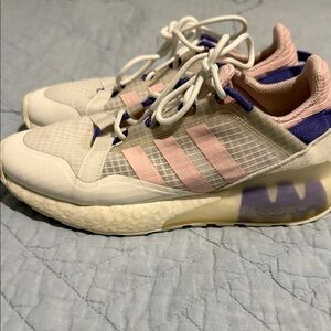 Adidas Women's White and Pink Sneakers with Purple Accents